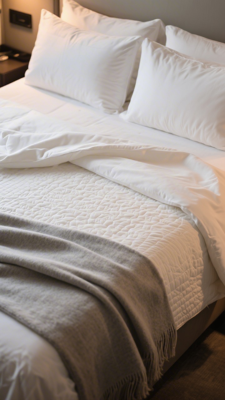 Overhead angle medium shot of the bed: hotel-style duvet fold executed—plush white duvet folded down by one-third, a lightweight ivory matelassé coverlet beneath adds dimension, and a diagonal soft gray throw draped across the lower corner for movement; duvet appears cloud-like from sizing up insert; breathable quilt peeking at the edge; warm, cozy evening light with subtle shadows to emphasize layers and depth.