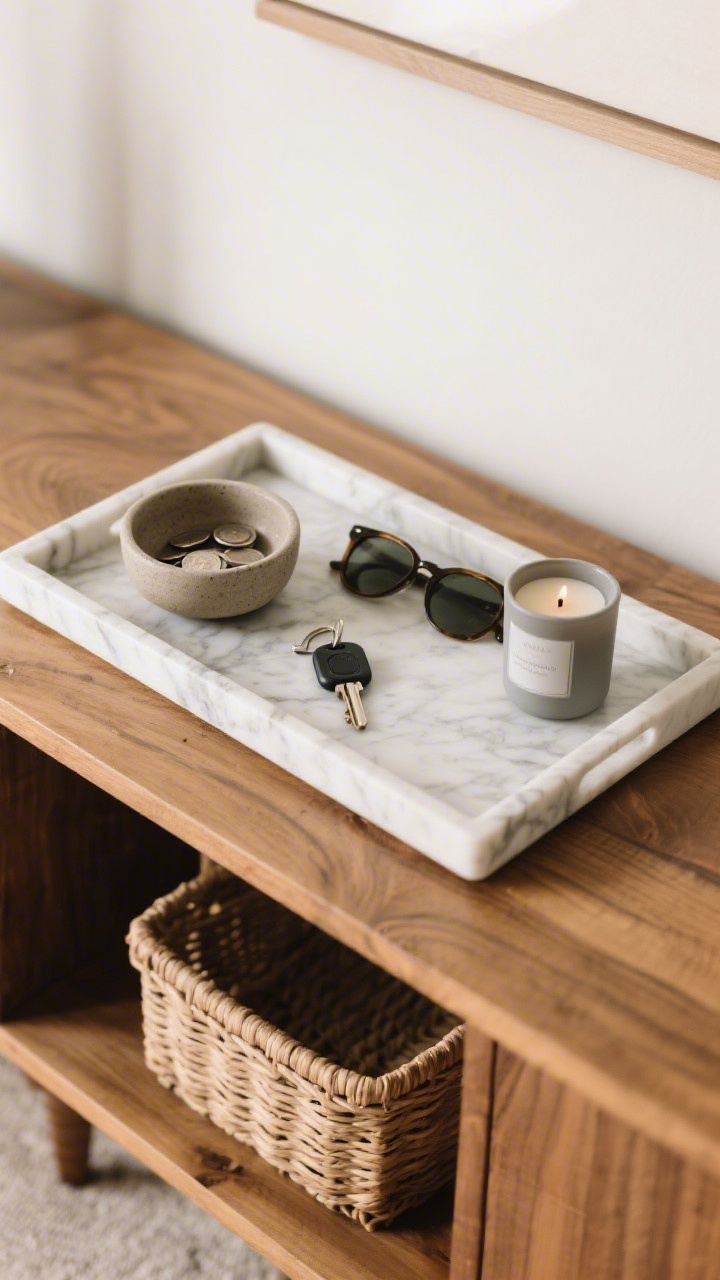 Overhead detail of a styled tray corralling daily essentials: a rectangular marble tray with subtle veining holds a small stoneware bowl for coins, a pair of sunglasses, a key fob, and a single candle in a matte vessel; only 4 items to avoid overload; tray sits on a natural wood console, with gentle, diffused light; edges of a rattan basket below peek into frame.