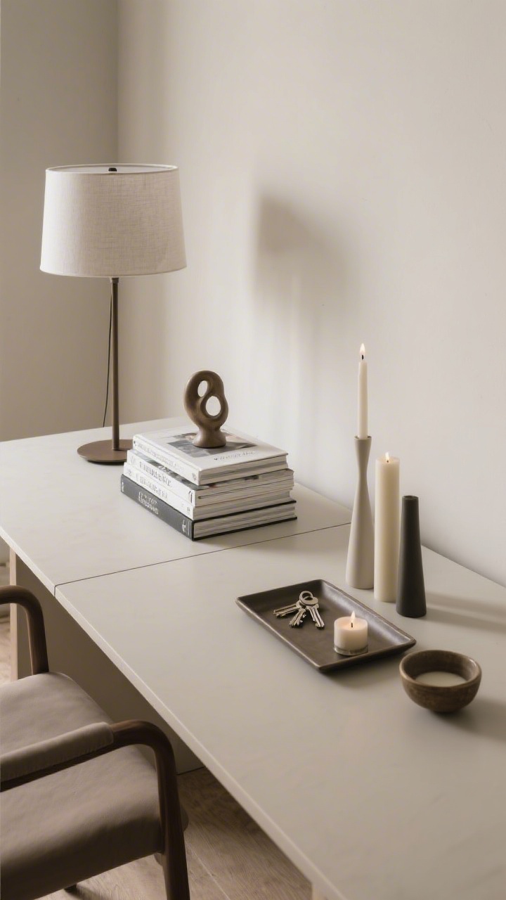 Overhead shot illustrating the rule of thirds on the tabletop: left zone features a tall lamp; middle zone shows a medium-height stack of design books with a small sculptural object on top; right zone holds a low rectangular tray with keys, a candle, and a small bowl; items vary in height by 4–6 inches, creating a subtle left-to-right diagonal flow; neutral palette with a pop accent object.