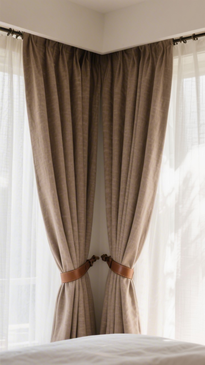 Photorealistic closeup detail from corner of the canopy: double-layer drape treatment showing an outer opaque linen panel in warm taupe and an inner sheer white voile; double curtain rods mounted inside the frame; leather strap tiebacks neatly holding one side open; soft diffused daylight passing through the inner layer, revealing the texture contrast between linen and voile.