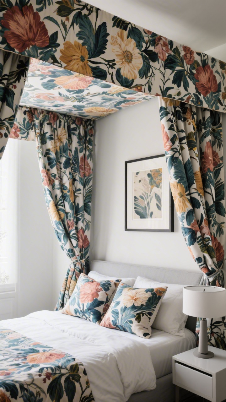 Photorealistic closeup of patterned drapery: large-scale floral printed canopy panels in a modern palette; the bold print repeated subtly in two decorative pillows and a small framed artwork in the background; simple, streamlined nightstand and minimalist lamp keep focus on the drapes; soft daylight highlighting fabric texture and vibrant pattern without overpowering the space.