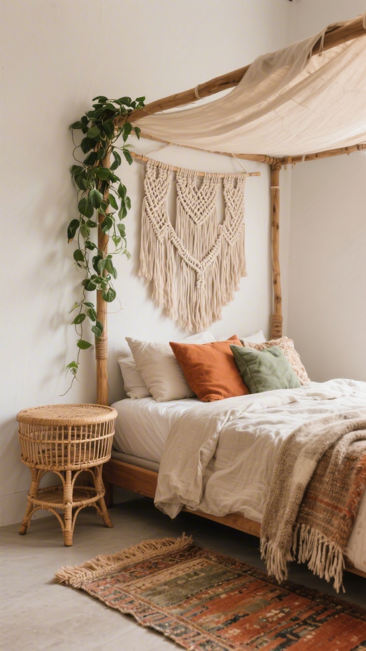 Photorealistic medium-angle corner view: boho canopy bed with a macramé panel hung at the headboard side as a statement backdrop; layered textures—rattan side table, jute rug, slub linen bedding in oat tones, nubby wool throw; a trailing pothos trained along the canopy bar; earthy palette with terracotta and olive accents; vintage rug peeking from under the bed for warmth.