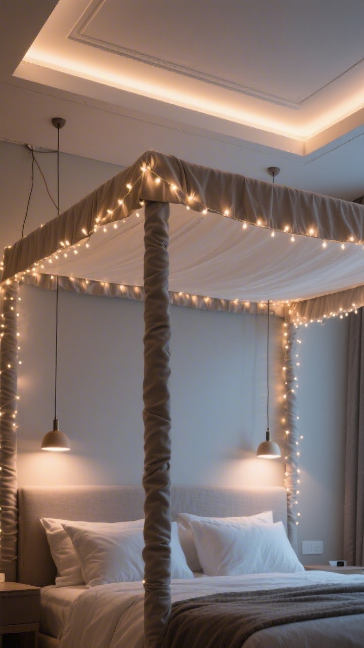 Photorealistic medium shot focused on lighting: canopy frame edged with warm-white micro fairy lights wrapped subtly along the top rail; two small pendants hanging over each bedside for symmetry; soft uplighting from hidden LED strips on top of the frame creating a halo on the ceiling; cords neatly concealed with fabric sleeves matching the frame; dimmable, layered evening ambiance.