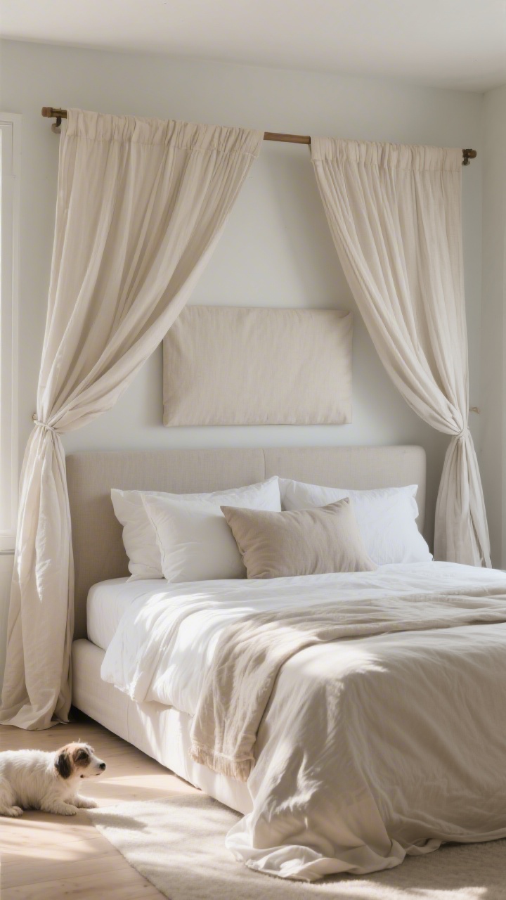 Photorealistic medium shot from the foot of the bed: partial draping on a canopy—one wide panel swagged across the top rails forming a soft ceiling while sides remain open; an additional single panel mounted behind the headboard framing the pillows; breezy fabric allowing airflow; pet-friendly, no fabric pooling on the floor; natural afternoon light for a cozy nook effect.