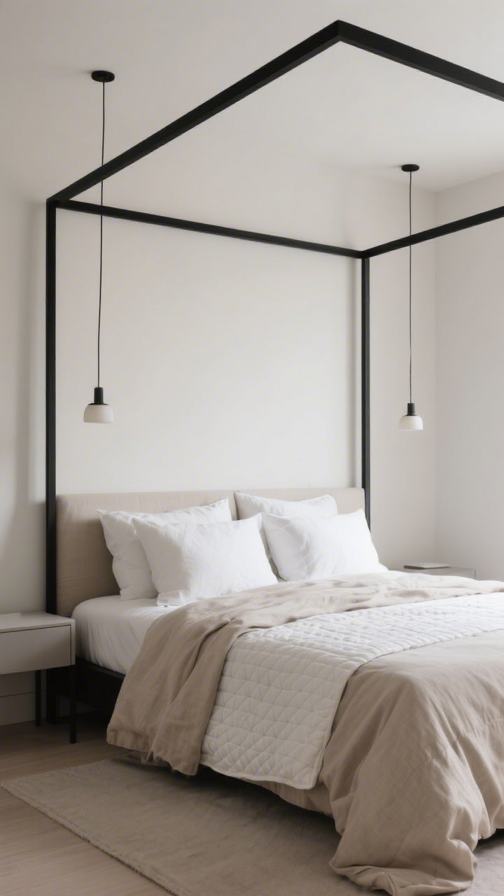 Photorealistic medium shot, straight-on: a minimalist bedroom anchored by a sleek, bare canopy frame in matte black with a skinny profile; plush layered bedding softens the lines—oat-colored linen duvet, quilted white coverlet, oversized pillows; two small pendant lights suspended symmetrically from the frame; neutral walls and a low-profile nightstand keep the space open and modern.