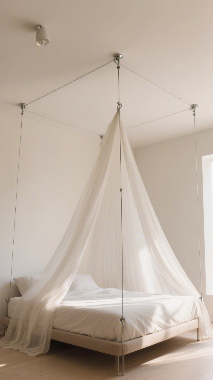 Photorealistic overhead corner angle: a floating canopy created with four ceiling hooks outlining the bed corners, fine wire strung between them; extra-wide sheer panels draped to form a soft tent effect over a simple bed; subtle morning light, safe distance from a ceiling light fixture; toggle-bolt hardware visible at one hook for realism; minimalist room with pale walls emphasizing the airy setup.
