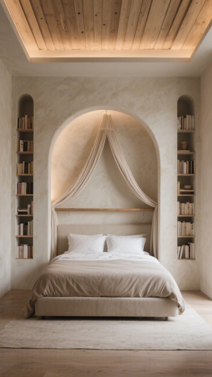 Photorealistic wide architectural scene: a canopy bed nestled in a custom-feeling alcove; slim built-in bookshelves flanking the bed with a canopy bar running between them; a painted faux arch on the wall behind the headboard adds depth and drama; subtle ceiling detail with simple wood slats above the canopy defining the zone; warm, layered lighting and restrained color palette for a bespoke look.