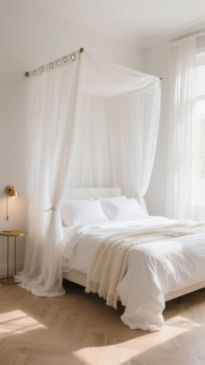 Photorealistic wide bedroom shot: a canopy bed with sheer, gauzy voile panels in soft white draped around the frame, gently pooling on a light wood floor; morning natural light filtering through the fabric, a tiny brass bedside sconce casting a soft glow; bedding kept simple with crisp white sheets and a textured ivory throw; panels hung with small curtain rings for easy glide; overall airy, romantic mood with a clean backdrop and no visual clutter.