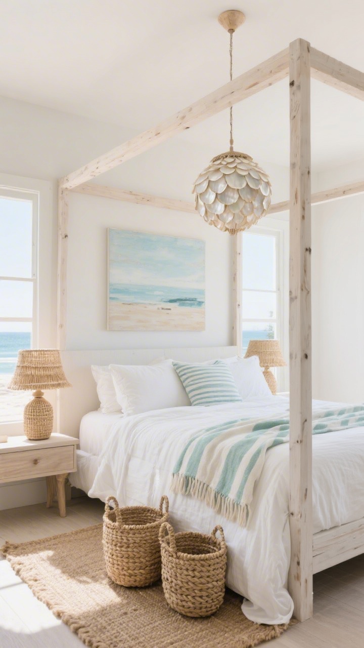 Photorealistic wide coastal bedroom: light wood canopy frame in whitewashed oak, stonewashed linen bedding in whites and sea-glass hues; striped linen throw across the foot; woven seagrass baskets by the bed; capiz shell pendant above and raffia table lamp on a nightstand; art in soft blues and sandy neutrals; jute runner under the bed, plenty of daylight for a relaxed beachy feel.