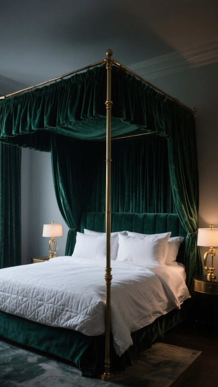 Photorealistic wide, moody scene: a canopy bed enveloped in deep emerald velvet drapes, luxuriously heavy and sound-absorbing; crisp white sheets and brass accents on lamps and hardware for contrast; rich, cinematic lighting with a dim evening glow; sturdy rods anchored into the wall; layered bedding with a white sateen duvet and a quilted coverlet, creating a plush boutique-hotel vibe.
