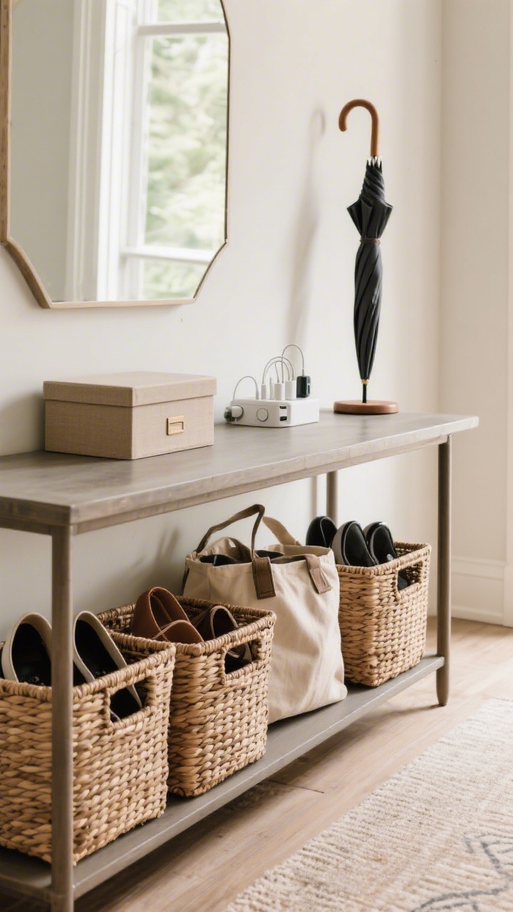 Straight-on medium shot of smart storage beneath the foyer table: matched woven baskets under a slim console hide shoes and totes; a closed lidded box on the shelf tucks away chargers; an umbrella stand sits just to the side to keep the tabletop clear; baskets lined with canvas bags; finishes stay warm and quiet to preserve the pretty + practical feel.