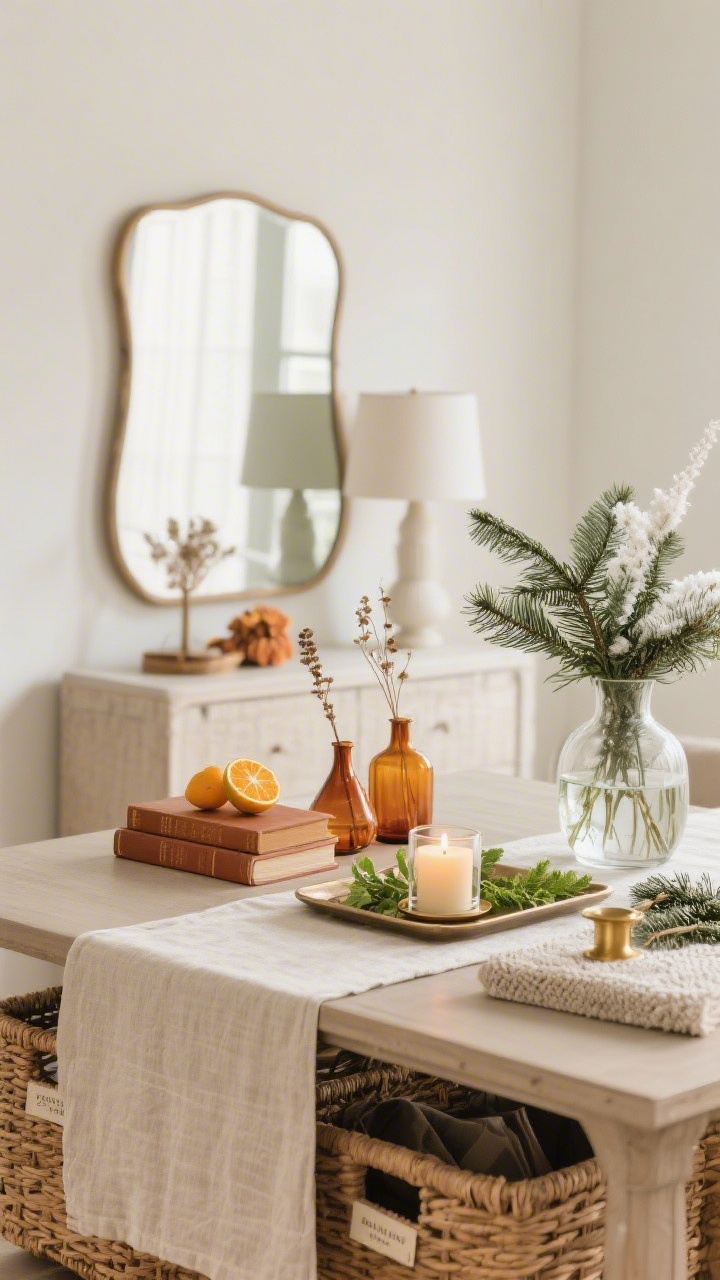 Straight-on medium shot showing easy seasonal switch-ups on a consistent base: same mirror, lamp, and tray stay; spring/summer version includes a citrus candle, a light linen runner, and fresh greens in a clear vase; alternate fall setup swaps in warm-toned books, amber glass vessels, and dried stems; winter variant features evergreen sprigs, brass accents, and a soft textured piece; labeled basket peeks underneath for stored extras.