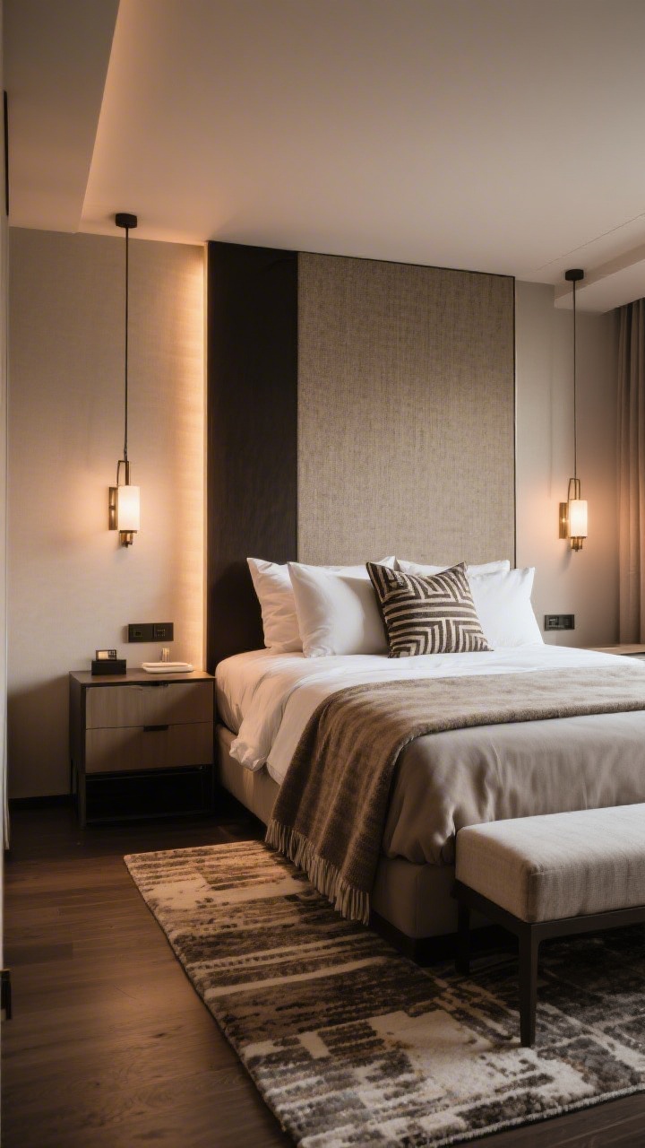Wide, polished final scene of the small bedroom sanctuary: cohesive bedscape showing layered textures, balanced pillow lineup with a statement lumbar, tall contrasting headboard, hotel-folded duvet with coverlet and angled throw; wall-mounted sconces reclaiming nightstand space, scaled-up rug unifying the room, and attractive storage elements integrated seamlessly; warm, dimmable lighting creates a cozy, hotel-level luxe atmosphere; no people, photorealistic finish.