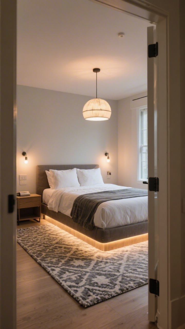 Wide room shot from the doorway: a compact bedroom with an oversized 8x10 light, low-contrast patterned rug under a queen bed, extending 18–24 inches beyond sides and foot to anchor the space; layered lighting scheme—overhead statement pendant, bedside task sconces, and a subtle under-bed LED glow; warm bulbs at 2700–3000K with a dimmer-controlled ambiance; airy feel with visible floor and balanced proportions.