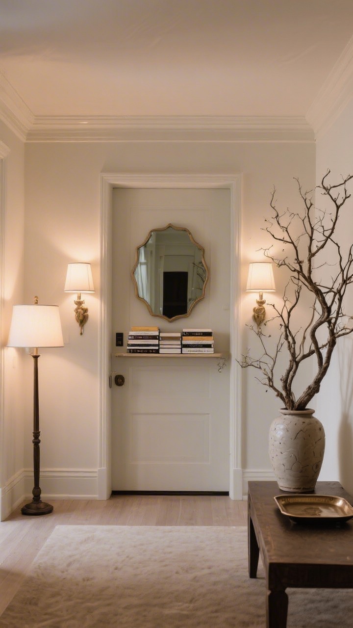 Wide shot of a symmetry-focused entry, then subtly broken: pure symmetry setup with two matching lamps flanking a centered mirror and evenly stacked books on each side; a secondary variation shows balanced asymmetry—one tall lamp on the left, a large branch arrangement on the right in a ceramic vase, and a centered tray; visual weight is balanced, not identical; clean, classic palette with gentle evening lamp light.