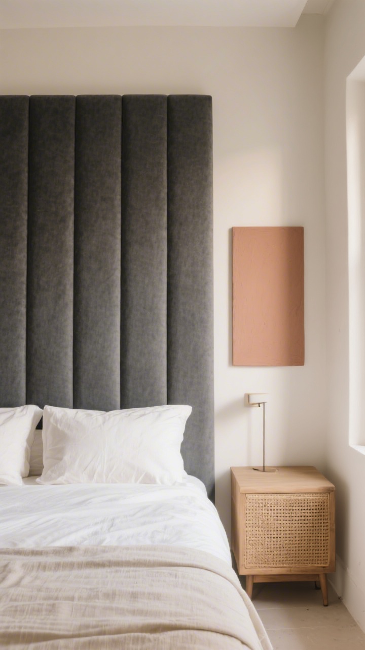 Wide, straight-on bedroom shot: a small room featuring a tall, slim upholstered headboard in smooth charcoal fabric that contrasts with nubby off-white linen bedding; the headboard reaches high to add visual height, kept within bed width; alternative detail in frame shows a secondary option—painted faux headboard rectangle in muted clay behind nightstand area; airy, uncluttered walls, no extra art; gentle warm lighting that draws the eye upward; optional rattan texture visible as a nearby accent to hint at lightness.