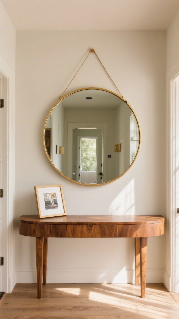 Wide, straight-on shot of a foyer console with a large statement mirror anchored above it: choose a bold round mirror with a thin brass frame (two-thirds the table width), hung 6–8 inches above a warm wood console; layer a small framed photo leaning partially in front of the mirror; soft natural daylight reflecting to brighten a typically dim entry; cohesive palette of warm wood, brass, and neutral wall paint, with the mirror as the instant focal point.