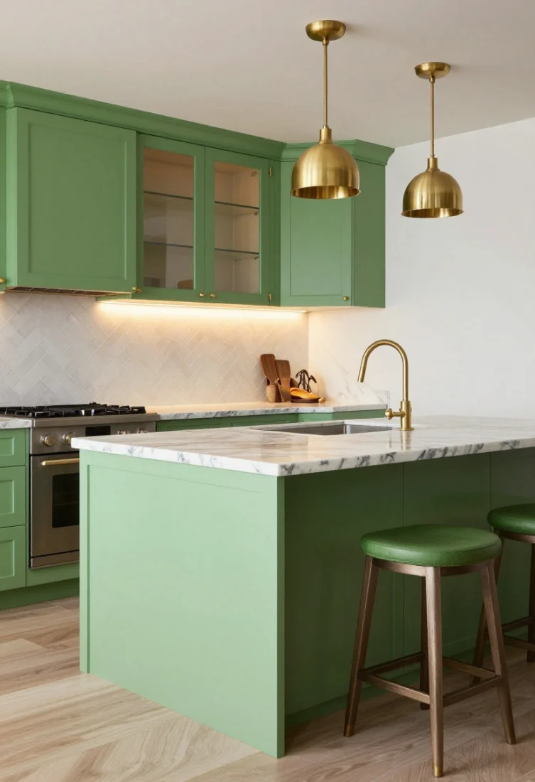 A chef-level kitchen scene with a lacquered apple green island as the single color statement; cool stone worktops in Calacatta with soft veining, brushed nickel hardware, and satin brass pendants; interior cabinet backs in apple green glimpsed through glass uppers, under-cabinet warm LED strips casting a 2700–3000K glow that makes the green warmer; a single echo of green on barstool upholstery; clean lines, herringbone glossy backsplash field tile; three-quarter wide shot from a corner angle