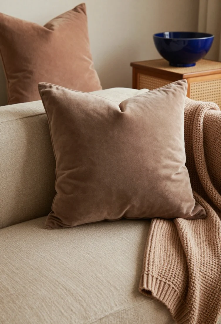 A closeup, detail shot of a rich texture vignette: bouclé and velvet pillow covers in warm putty and smoky taupe on a linen sofa, a soft clay-toned knitted throw, and a nubby wool rug beneath; add a moody inky blue ceramic bowl on a cane side table for contrast; the lighting is warm and diffused, emphasizing weave and pile with premium, polished styling.