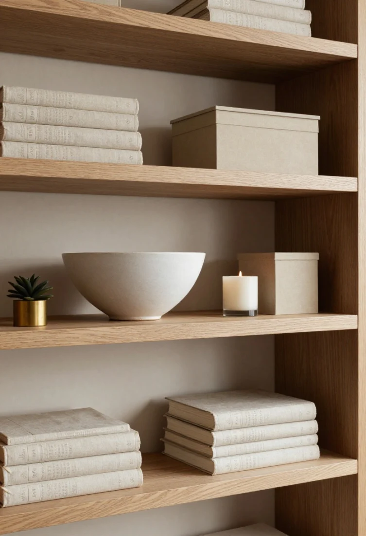 A closeup shelf styling detail: open shelving with disciplined curation—linen-bound books stacked horizontally, a sculptural ceramic bowl, a small plant, a candle, and lidded boxes; maintain generous negative space and a tight palette of wood, ceramic, and brass; lighting is soft and directional, giving a boutique, luxury editorial vibe without clutter.