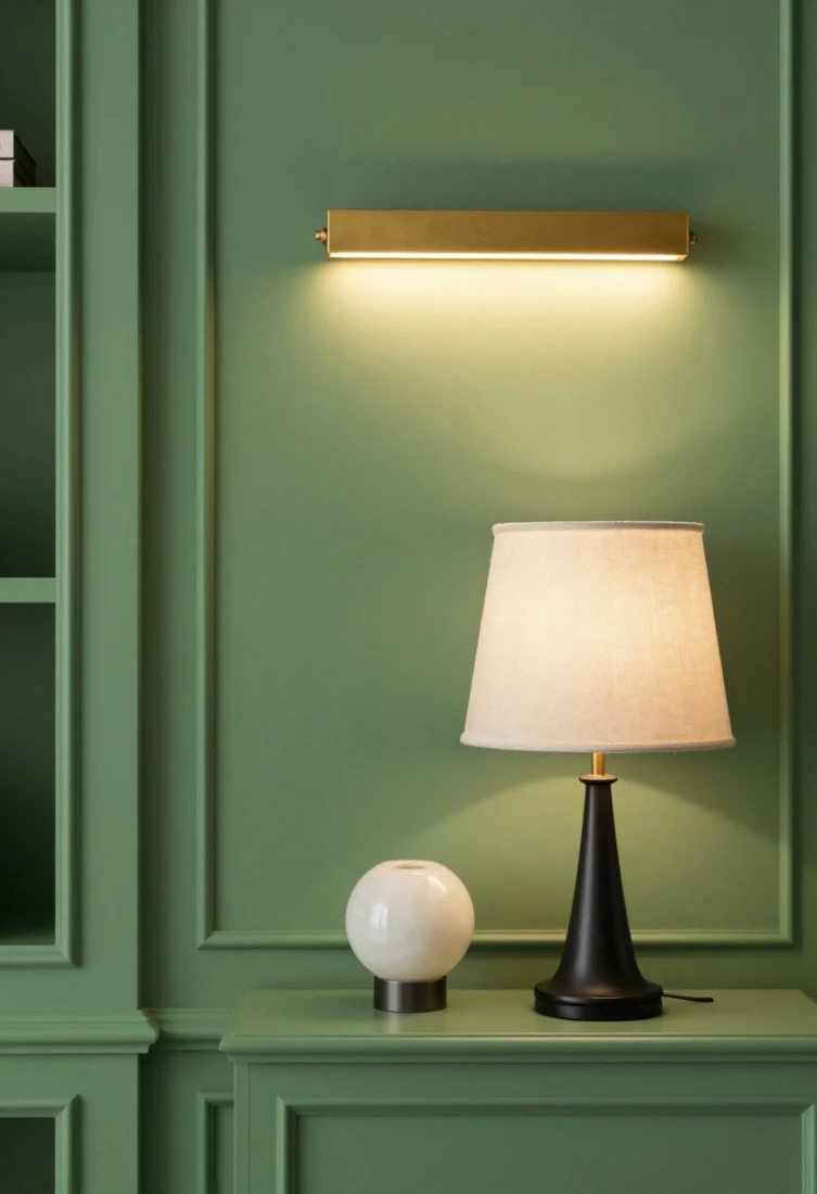 A curated lighting composition demonstrating layered lighting on apple green: a wall with an apple green built-in bookcase lit by a brass picture light, a table lamp with a linen shade for ambient glow, and a discreet wall washer creating directional highlight; warm-dim LEDs at 2700–3000K; blackened steel accents and an alabaster sconce for luxury tone; medium straight-on shot showing nuanced shadow play, no harsh downlights