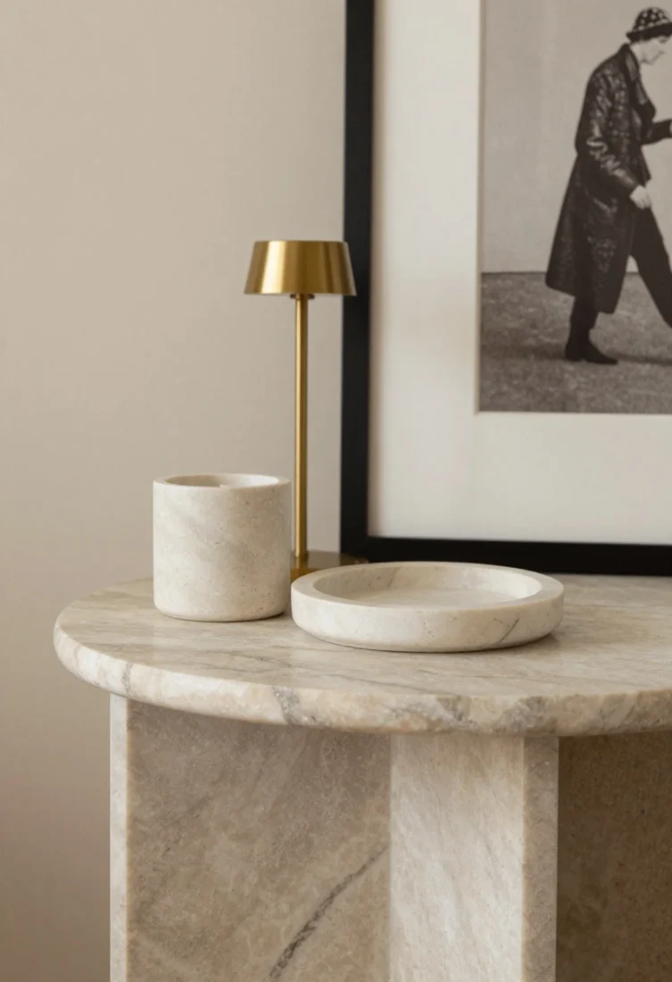 A detail closeup celebrating one luxe material echoed quietly: a small marble side table, a marble candle dish, and a brass picture light above a framed print; mix real stone with a stone-look ceramic accessory to keep costs refined; show consistent material language with warm wool textiles around; lighting is warm and editorial, highlighting subtle veining.