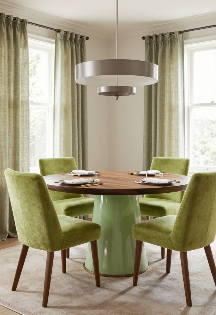 A dramatic dining room scene: dining chairs reupholstered in apple green mohair around a round table with a lacquered apple green pedestal base and a darker walnut tabletop; chandelier light creating a gentle glow and balanced reflections; neutral rug with a subtle border, natural fiber drapery with a faint green weft; polished nickel or brass flatware on a simple tablescape with hemstitch napkins; wide room shot