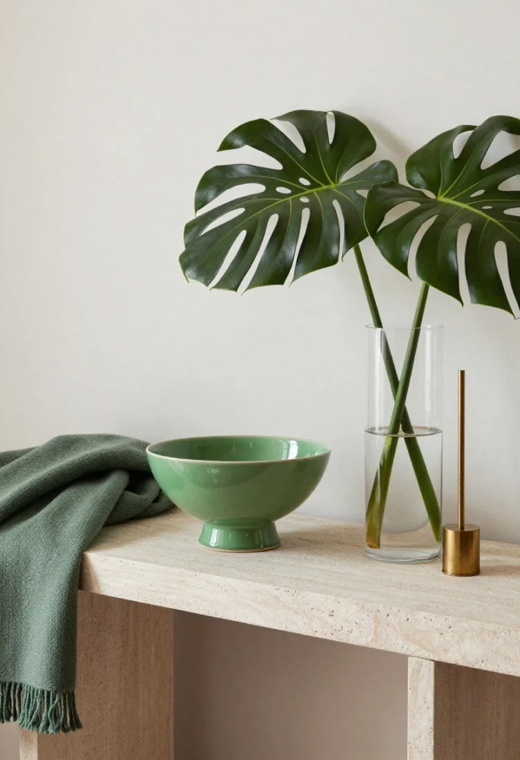 A five-minute styling vignette on a console: a single hero object—an apple green ceramic bowl—paired with a tonal green throw draped on a nearby sofa edge and crisp green-leaf stems (camellia or monstera) in a clear cylinder; triangulated at varied heights; stone or wood console surface, restrained backdrop; soft natural light with subtle brass accents; tight detail shot, edited and luxurious