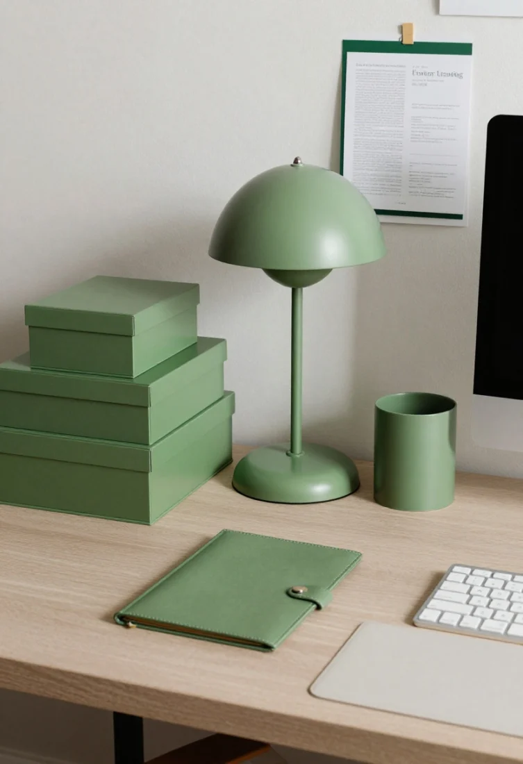 A focused home office desktop scene with apple green at task level: a matte apple green desk lamp, stacked lacquered storage boxes, and a leather blotter; neutral desk surface, pinned mood board with a green edge trim; arrangement forms a tight visual triangle; warm, glare-free lighting suitable for screens; detail closeup emphasizing organization and premium finishes