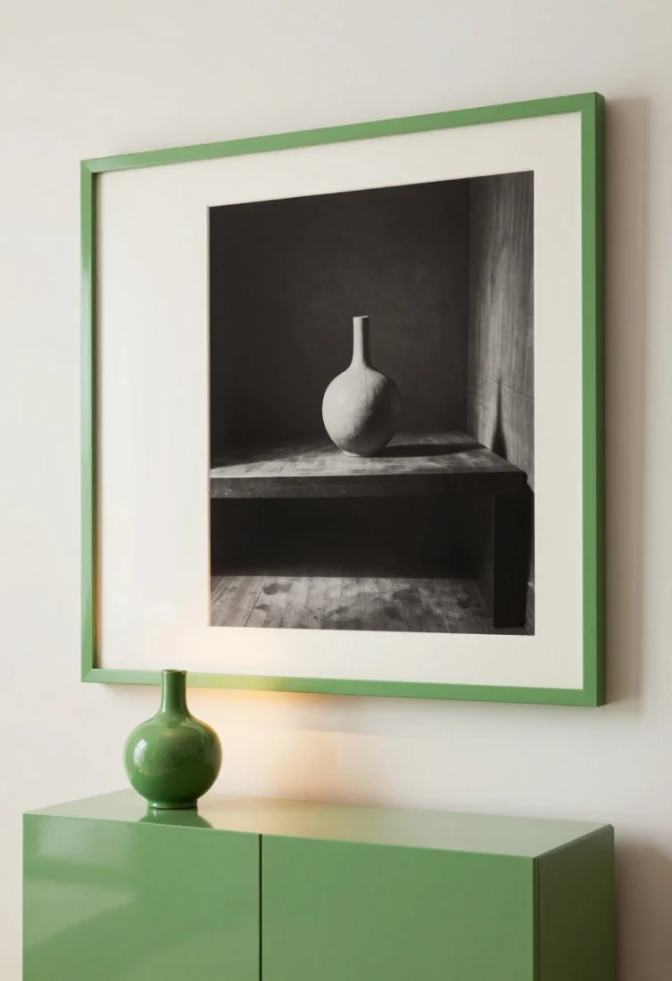 A gallery-worthy wall featuring black-and-white photography in a high-gloss lacquered apple green frame with a slightly off-white mat; below, a matching apple green pedestal elevates a sculpture; warm picture lights mellow the green edge; echo the hue once more via a small vase across the room; clean straight-on medium shot focusing on scale, boundary, and modern curation