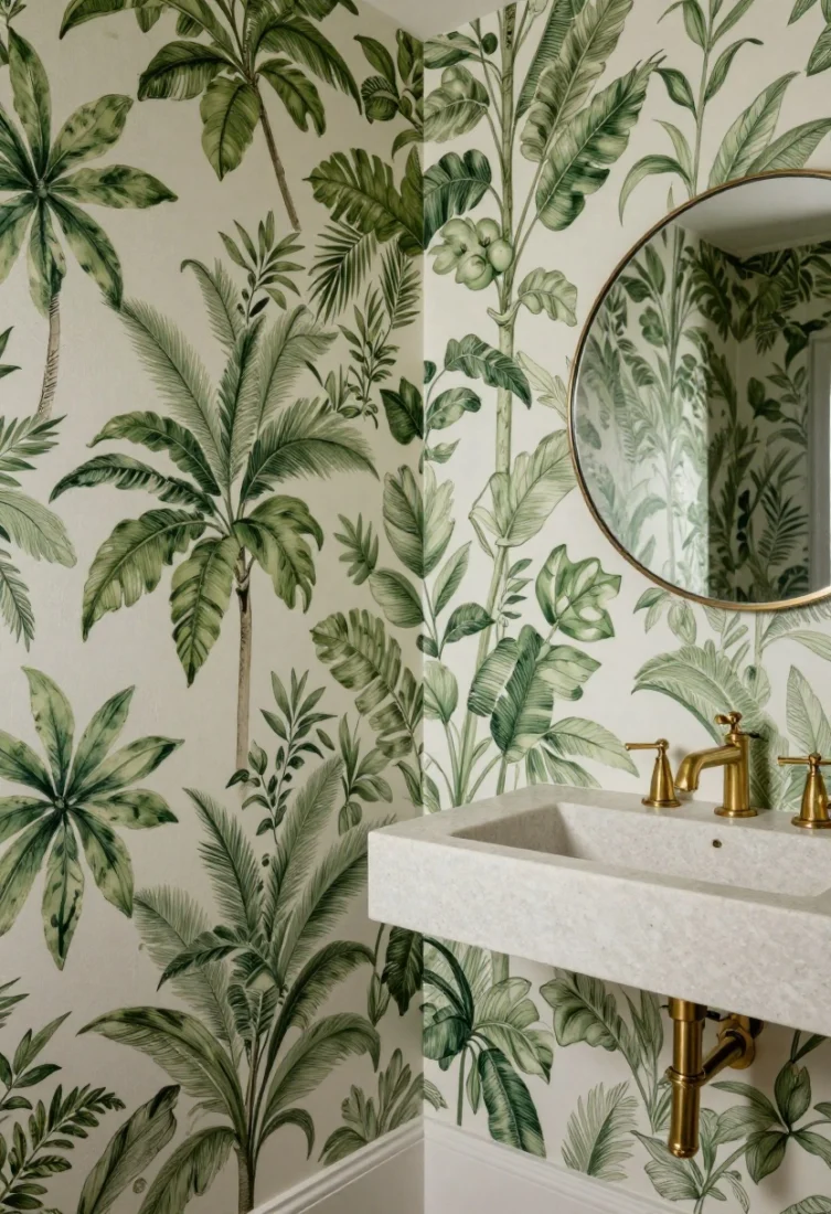 A jewel-box powder room with botanical wallcovering featuring apple green foliage and off-whites/taupes; choose an oversized painterly print on a single wall for drama; matte paper if bright daylight, or silk/grasscloth with gentle sheen for dim spaces; include a small travertine vanity, brass faucet, and a simple round mirror; detail-oriented medium shot highlighting pattern rhythm and depth