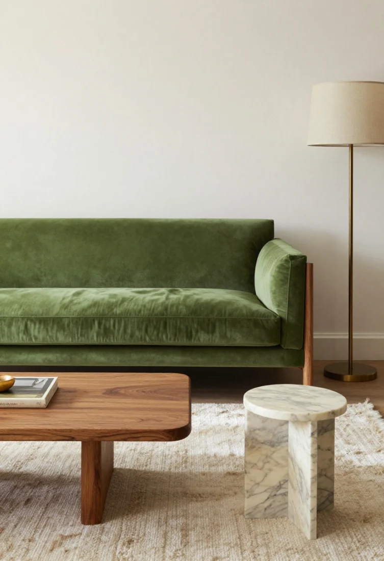 A luxurious, photorealistic wide shot of a living room anchored by an apple green velvet bench-seat sofa with a tight back and kiln-dried hardwood frame; pair with a low, sculpted-pile natural wool rug, smoked oak coffee table, and a marble side table with fine veining; add a warm-dim floor lamp with a parchment linen shade, brass accents, and restrained art; daylight grazing the velvet nap for depth, aspirational editorial aesthetic