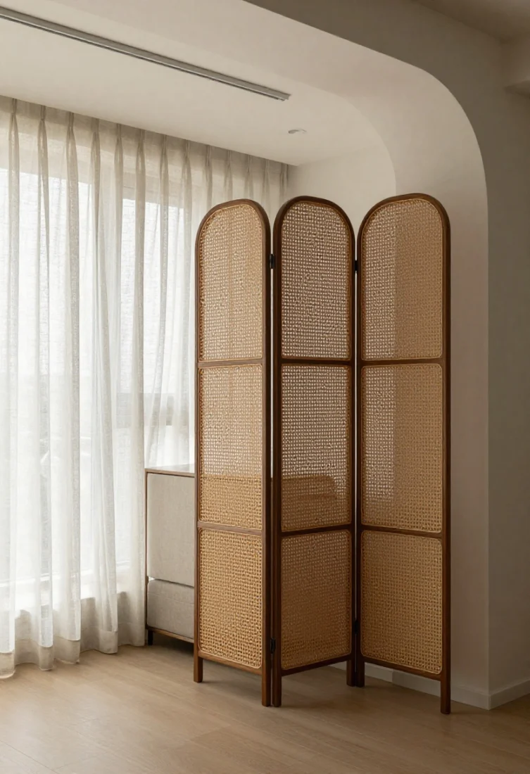 A medium corner shot illustrating soft architecture: a rattan folding screen subtly defining a reading nook beside the living area; sheer linen curtains on a ceiling track hint at a workspace beyond; a narrow console behind the sofa suggests boundary without blocking light; textures are warm and layered with diffused illumination for intimacy.