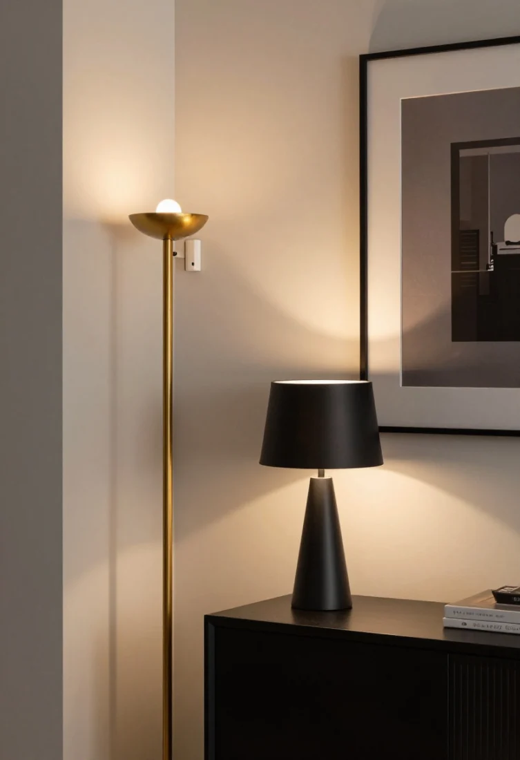 A medium, evening shot of a small luxury living room corner layered with lighting: a slender brass floor lamp, a petite matte-black table lamp on a slim console, and a warm-toned plug-in sconce with a plaster shade; bulbs at 2700–3000K cast directional, diffused pools of light that create soft shadows and depth; include a dimmer on the cord, polished styling with a framed print lit by a clip-on picture light; aspirational, editorial mood with rich textures and no ceiling glare.