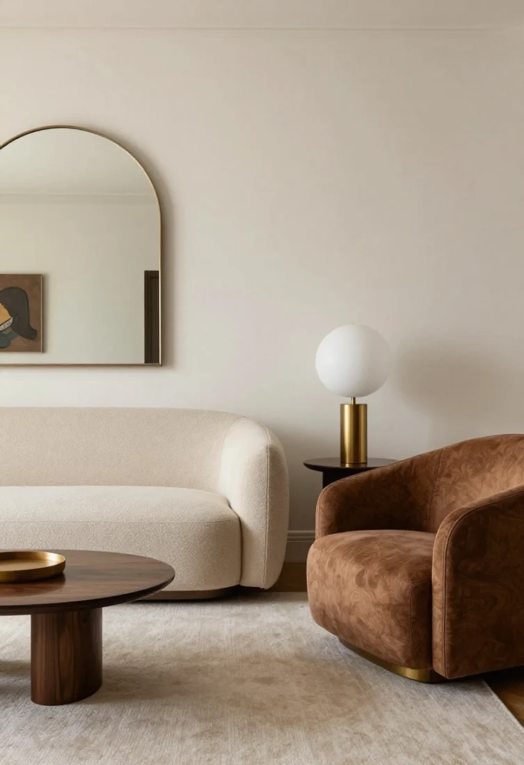 A medium shot featuring rounded silhouettes and low profiles: a low-profile apartment sofa, a rounded armchair, a drum side table, an orb table lamp, and an arched mirror reflecting soft light; curves soften edges and improve flow in the compact room; finishes in creamy wool, walnut, and brass with a polished, high-end aesthetic.