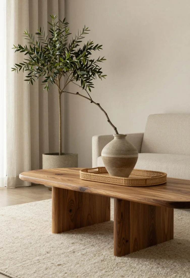 A medium shot layering natural elements for warmth: wood side tables with beautiful grain, a cream wool rug, a rattan tray, linen curtains, and a sculptural branch in a ceramic vase; include a small olive tree in a textured planter; diffused 2700K lighting enhances organic textures for a breathable, upscale coziness.