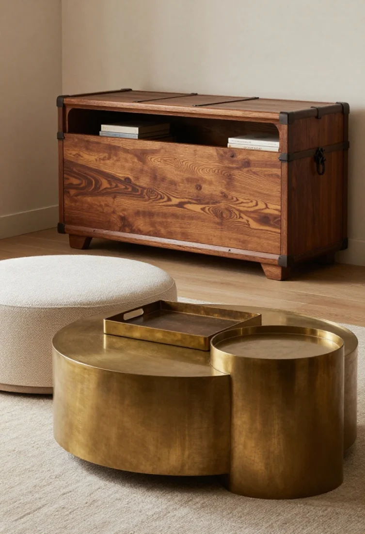 A medium shot of a dual-purpose setup: an upholstered round ottoman with a refined tray used as a coffee table, paired with nesting side tables in wood and brass; show hidden storage within a matte-waxed thrifted wood trunk nearby; rounded edges improve flow around tight corners; warm, diffused lighting and high-low styling details complete the luxe editorial look.