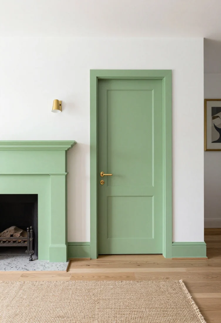 A refined living room vignette featuring a single architectural moment painted in satin apple green: a fireplace surround in apple green against chalky white plaster walls, warm brass hardware on a nearby interior door, natural oak floors, and a textured jute-wool rug; include travertine hearth details and a subtle eggshell sheen catching layered light from a brass picture light and soft daylight; straight-on medium shot, no other trim painted, polished editorial styling