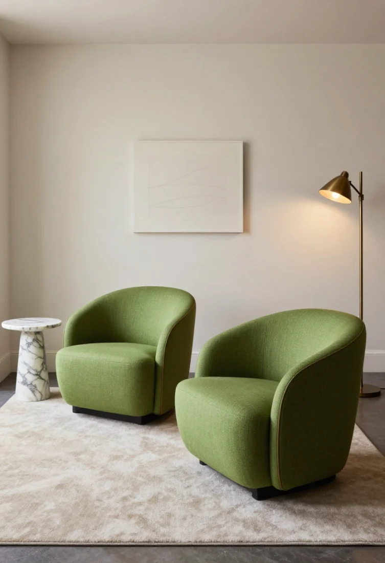 A sculptural seating moment: a pair of apple green boucle accent chairs floating on a neutral rug, flanked by a petite marble pedestal table; patinated bronze floor lamp providing warm-dim light; restrained artwork so the color holds court; medium shot at a slight angle to showcase silhouette, optional leather piping on chairs for definition, luxury editorial composition