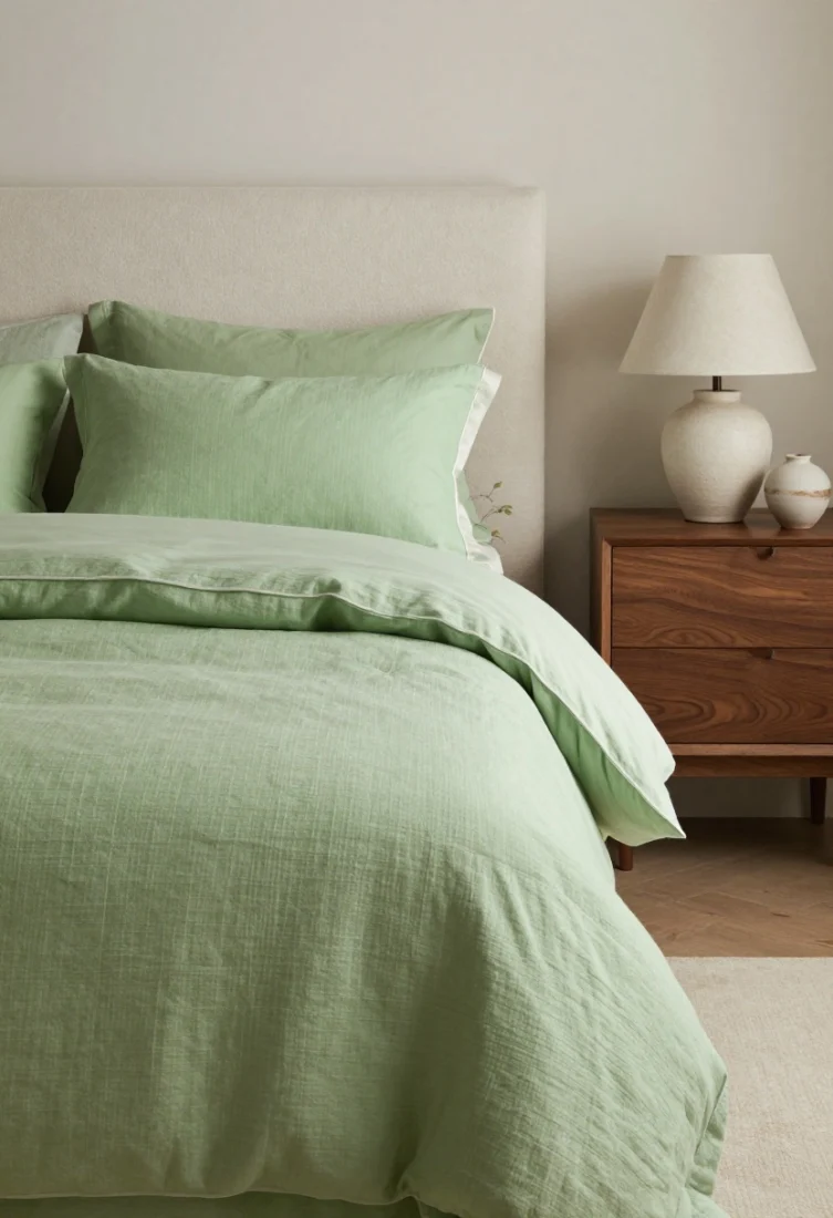 A serene bedroom closeup of layered apple green textiles: slubby linen duvet cover, silk-edge shams, a quilted coverlet, and a cashmere throw at the foot of the bed; neutral headboard in ivory bouclé, walnut nightstand, alabaster lamp with linen shade; soft, low layered lighting for a restorative mood; include a small ceramic vase and tonal botanical art with hints of green; intimate detail shot highlighting textures and finishes