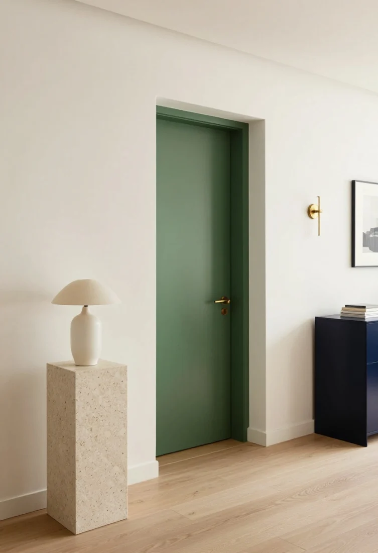 A sophisticated entryway moment (Conclusion visual): a chalk-white space with natural oak floors, a travertine pedestal displaying a vessel, and a single apple green architectural accent—an interior door or framed doorway—anchored by layered lighting (alabaster table lamp, brass sconce); premium textures, calm neutrals, and a single deep accent like inky navy in a small book; medium straight-on shot conveying timeless restraint