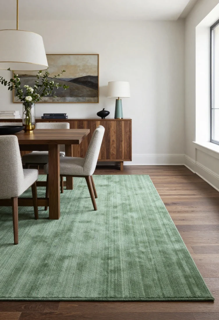 A sophisticated living-dining crossover space grounded by a mottled apple green hand-knotted wool rug with subtle striation and abrash; front legs of seating on the rug in the living zone, and in the dining zone the rug extends 24–30 inches beyond the table; matte fibers, no synthetic shine; ebonized oak dining table, brass accents, and calm neutrals; large wide shot emphasizing scale, proportion, and how the rug stitches various furniture finishes together