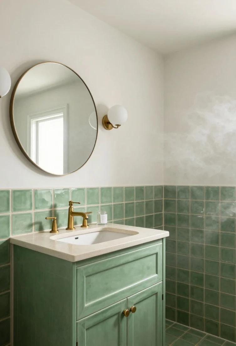 A spa-like bathroom with apple green glazed tile wainscot and a vanity in the same hue, paired with honed stone countertop and unlacquered brass hardware; warm white or putty grout to soften gridlines; upper walls and ceiling in soft white to lift the space, with a round mirror and globe sconces; slight steam in the air to show tile reflectivity; crisp editorial medium shot