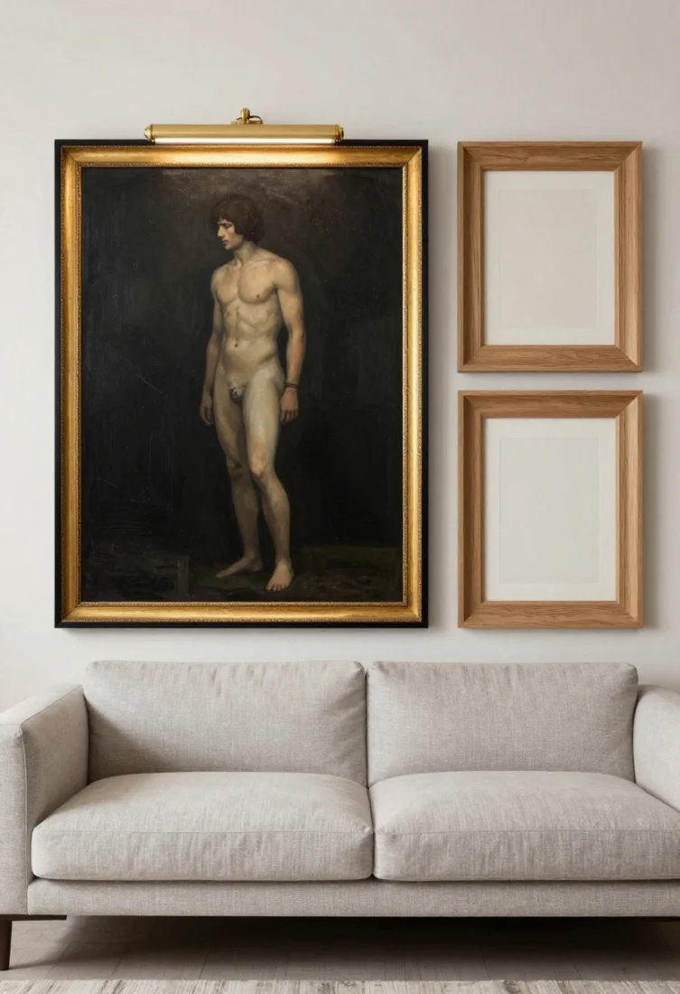 A straight-on medium shot over a sofa showing one large, gallery-level art piece in a gilded or black metal frame, illuminated by a brass picture light; alternatively suggest a tight, symmetrical gallery grid in matching light oak frames on an adjacent wall; the scene is minimal, with a premium palette and layered lighting that creates a strong focal hierarchy.