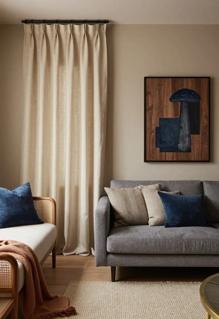 A tight, styled vignette highlighting elevated color-material pairings: warm taupe wall with oatmeal linen curtains and black metal accents; or chalky ivory with walnut and indigo textiles; include mushroom gray with oak frames, bouclé and brass; alternatively, soft clay with rattan and a cream wool rug; soft, warm lighting and premium detailing underscore the aspirational 2026 aesthetic.