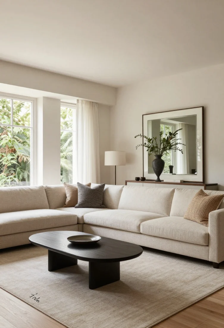 A wide, layout-focused shot showing premium flow: an 18-inch gap between sofa and coffee table, clear walkways about 30–36 inches, lighting centered with the rug and seating group rather than the room geometry; a strategically placed mirror reflects natural light and a beautiful vignette, not clutter; layered lighting and elevated finishes emphasize an editorial standard.