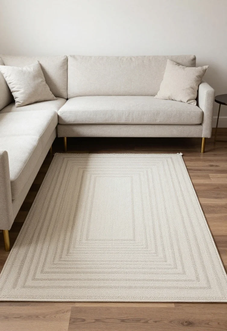 A wide, straight-on shot centered on a correctly sized low-pile wool-blend rug in a subtle tone-on-tone geometric that anchors a compact seating area; front legs of the apartment sofa and accent chair rest on the rug; include a refined flatweave rug pad edge just visible; palette in chalky ivory and walnut, with layered lighting and brass accents; avoid tiny “postage stamp” proportions.