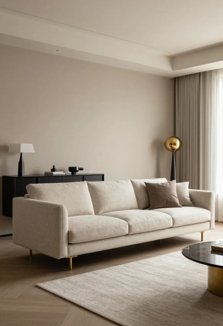 A wide, straight-on view of a compact living room featuring a tailored apartment-size sofa with narrow arms, slim base, and visible legs, floated a few inches off a warm taupe wall; a slim console and sculptural floor lamp fit behind; pair with a handsome accent chair to the side; layered lighting, premium finishes, and a neutral palette keep it luxe yet airy; high-low styling with brass accents and a polished rug underfoot.