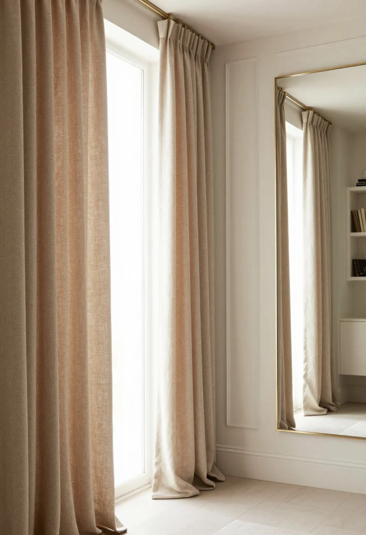 A wide, verticality-focused shot showcasing floor-to-ceiling oatmeal linen curtains hung 6 inches above the window frame, gently kissing the floor; a tall, slim bookcase and a narrow vertical paneling feature in chalky ivory stretch the eye up; include a tall mirror reflecting diffused light; textures are elevated and clean, with brass details and layered lighting for an editorial luxury feel.