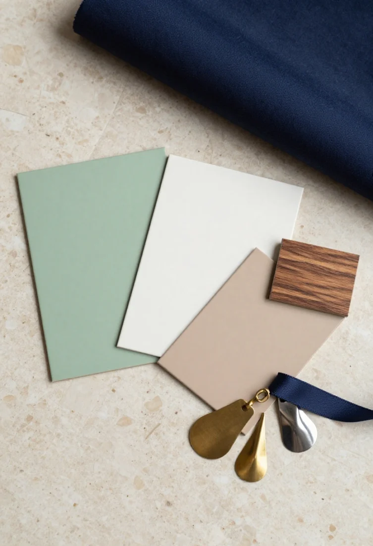 An FAQ-inspired styled set demonstrating ideal pairings: overhead flat-lay on a honed travertine slab featuring swatches—apple green lacquer chip, soft white and warm taupe paint cards, walnut wood sample, brass and polished nickel metal chips, and a ribbon of inky navy fabric; warm-dim light at 3000K for a luxury editorial mood; precise, photoreal closeup capturing material sheen and texture